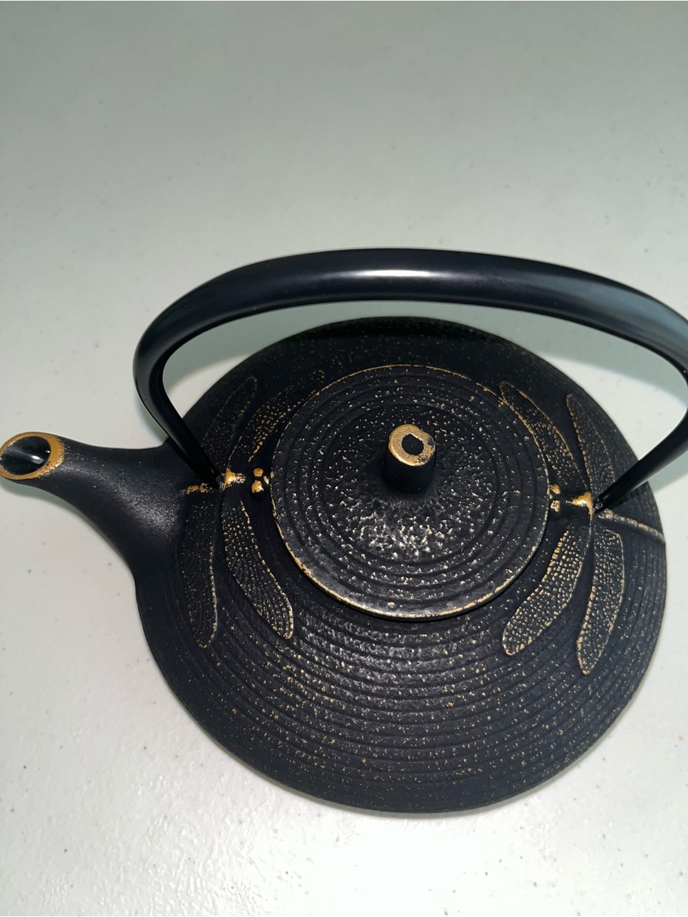 Black Cast Iron Teapot with Gold Dragonfly Accents